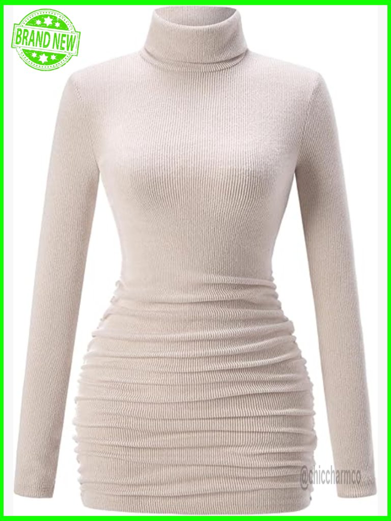 Turtleneck Sweater Dress Long Sleeve Bodycon Mini Ribbed Knit